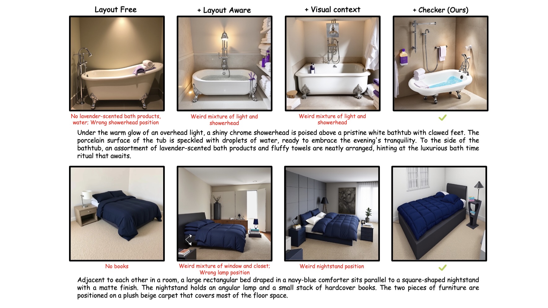 Ablation study on layout-aware mode, visual context and checker
